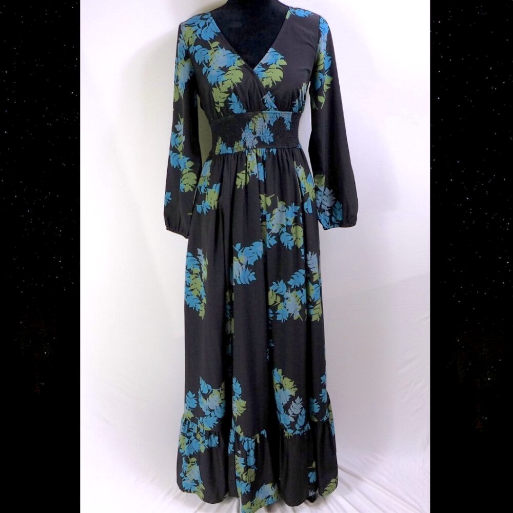 Eshakti Maxi Dress Black with blue green leaves Long sleeve Chiffon SIZE 6 TALL